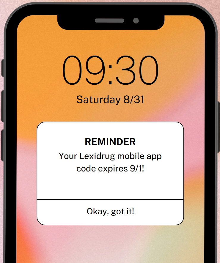 mobile phone face with reminder to update Lexidrug app code