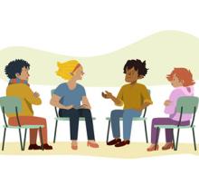 Cartoon style image of four seated individuals talking