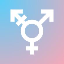 Square image of blue to purple to pink gradient, with transgender symbol in white. 