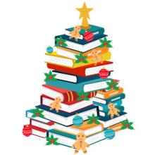 pile of books in the shape of a christmas tree with decorations